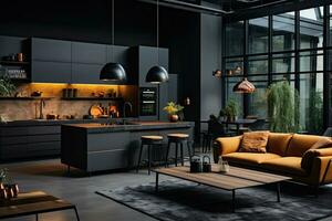 lujo cocina interior diseño con negro paredes, hormigón piso, oscuro de madera encimeras, negro armarios y comida mesa con negro sillas. generativo ai foto
