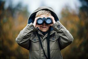 Little boy looking through binoculars in the park. Kid exploring nature.  Generative AI photo