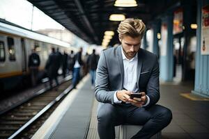 handsome businessman using smartphone while in the city. Generative AI photo