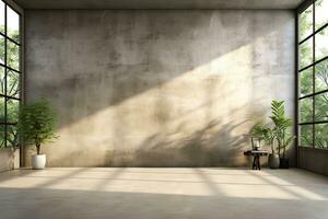 Interior of modern loft with concrete floor and panoramic windows.  Generative AI photo