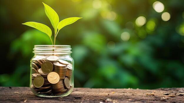 plant growing out of coins in glass jar with filter effect retro vintage style. Investment concept. Generative AI photo