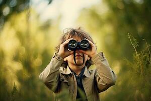 Little boy looking through binoculars in the park. Kid exploring nature.  Generative AI photo