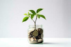 Plant growing out of coins in glass jar on white background. Saving money concept. Generative AI photo