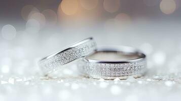 Wedding rings on a white background with sparkles and stars.  Generative AI photo