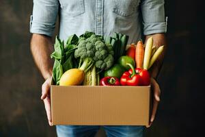 hombre participación tienda de comestibles compras bolso lleno de Fresco vegetales y frutas en pie en el supermercado. comida entrega servicio. generativo ai foto