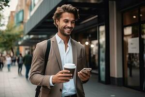 Handsome businessman using smartphone and holding coffee cup while in the city. Generative AI photo