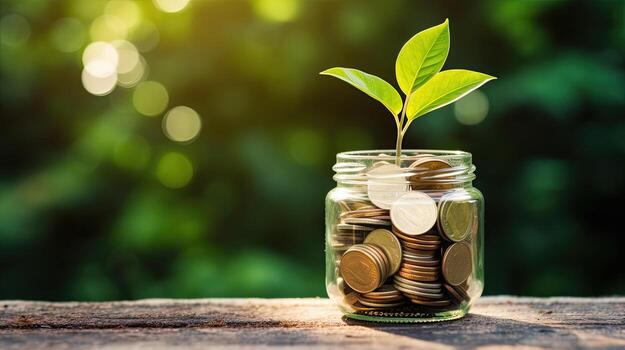 plant growing out of coins in glass jar with filter effect retro vintage style. Investment concept. Generative AI photo