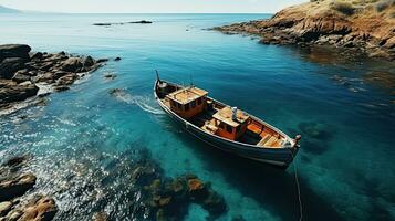 Aerial view of a wooden fishing boat in the sea, Greece. Generative AI photo