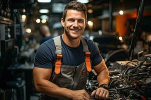 Car mechanic working in auto repair shop. Handsome young man in uniform working with car engine. Generative AI photo