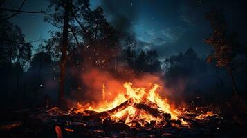 Bonfire in the forest at night. Camping and travel concept. Generative AI photo