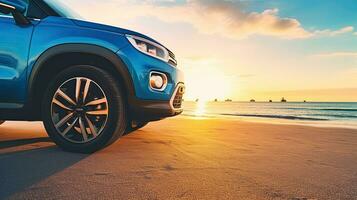 coche en el playa a puesta de sol. concepto de viaje y vacaciones. generativo ai foto