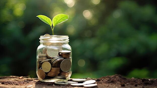 plant growing out of coins in glass jar with filter effect retro vintage style. Investment concept. Generative AI photo