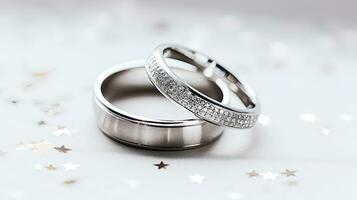 Wedding rings on a white background with sparkles and stars.  Generative AI photo