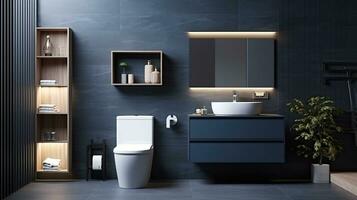 Interior of modern bathroom with blue tile walls, tiled floor, comfortable bathtub and sink with mirror. Generative AI photo