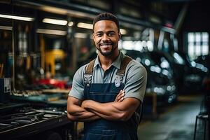 Car mechanic working in auto repair shop. Handsome young man in uniform working with car engine. Generative AI photo