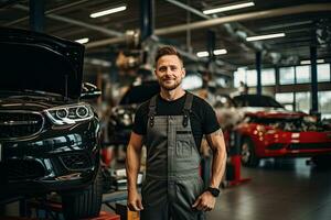 selective focus of handsome auto mechanic in uniform repairing car in auto repair shop. Generative AI photo