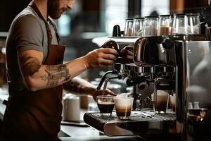 Barista preparing coffee in coffee machine. Barista making coffee in coffee shop.  Generative AI photo