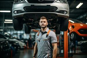 selective focus of handsome auto mechanic in uniform repairing car in auto repair shop. Generative AI photo