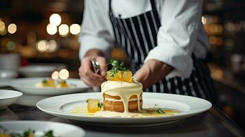 Chef decorating cake with orange on plate in cafe, closeup. Generative AI photo