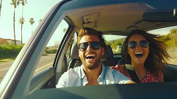 transport, road trip, technology and people concept - smiling couple driving in car, travel concept. Generative A photo