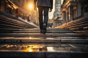 Close up young businessman feet sprinting up stairs office middle image. photo