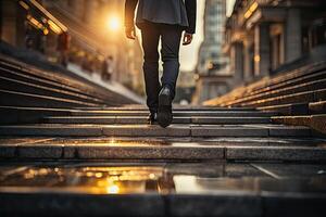 Close up young businessman feet sprinting up stairs office middle image.  Generative AI photo