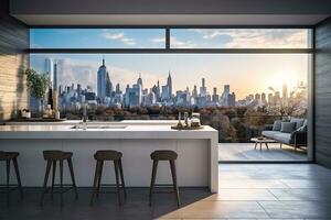 Luxury kitchen interior with white marble countertop, sink and window with panoramic view. Generative AI photo