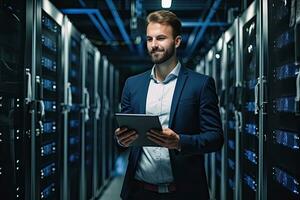 Handsome young businessman using digital tablet while standing in server room.  Generative AI photo