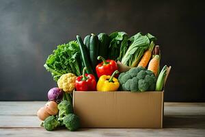Box with fresh organic vegetables and fruits. Healthy food shopping concept. Generative AI photo
