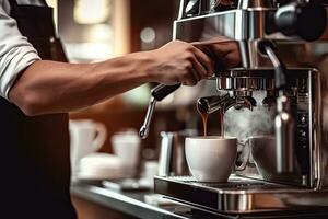 Barista preparing coffee in coffee machine. Barista making coffee in coffee shop.  Generative AI photo