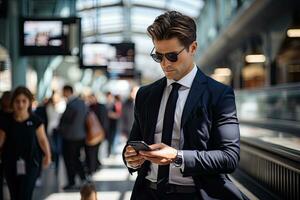handsome businessman using smartphone while in the city. Generative AI photo