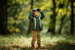 pequeño chico mirando mediante prismáticos en el parque. niño explorador naturaleza. generativo ai foto