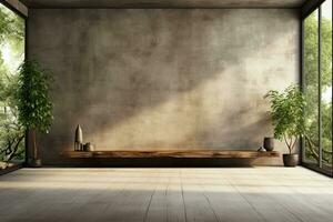 Interior of modern loft with concrete floor and panoramic windows.  Generative AI photo
