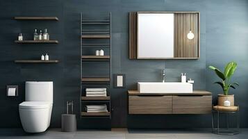 Interior of modern bathroom with blue tile walls, tiled floor, comfortable bathtub and sink with mirror. Generative AI photo
