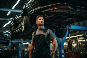 selective focus of handsome auto mechanic in uniform repairing car in auto repair shop. Generative AI photo