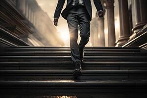 Close up young businessman feet sprinting up stairs office middle image. photo