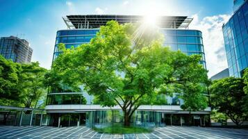 Modern office building with green leaves. Bottom view of modern office building with green leaves. Generative AI photo