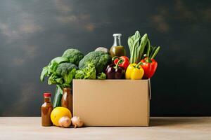 Box with fresh organic vegetables and fruits. Healthy food shopping concept. Generative AI photo