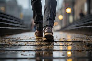 Close up young businessman feet sprinting up stairs office middle image.  Generative AI photo