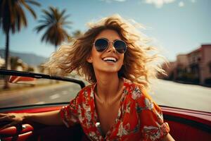 summer holidays, vacation, road trip and people concept - smiling young woman driving convertible car. Generative AI photo