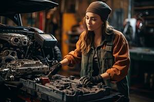 Car mechanic working in auto repair shop. Handsome young man in uniform working with car engine. Generative AI photo