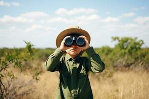 Little boy looking through binoculars in the park. Kid exploring nature.  Generative AI photo