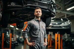 selective focus of handsome auto mechanic in uniform repairing car in auto repair shop. Generative AI photo