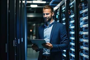 Handsome young businessman using digital tablet while standing in server room.  Generative AI photo