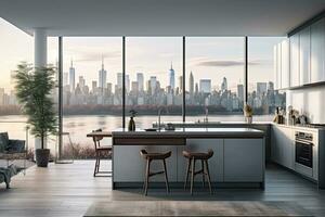 Luxury kitchen interior with white marble countertop, sink and window with panoramic view. Generative AI photo