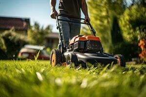 Man mowing the lawn with a lawn mower in the garden. Gardening concep. Generative AI photo