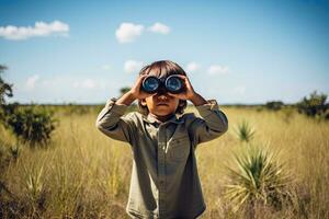 Little boy looking through binoculars in the park. Kid exploring nature.  Generative AI photo