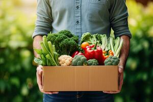 Man holding grocery shopping bag full of fresh vegetables and fruits standing in the supermarket. Food delivery service.  Generative AI photo