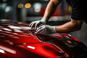 Car detailing series, Worker in protective gloves polishing a car. Generative AI photo