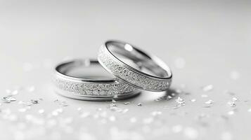 Wedding rings on a white background with sparkles and stars.  Generative AI photo